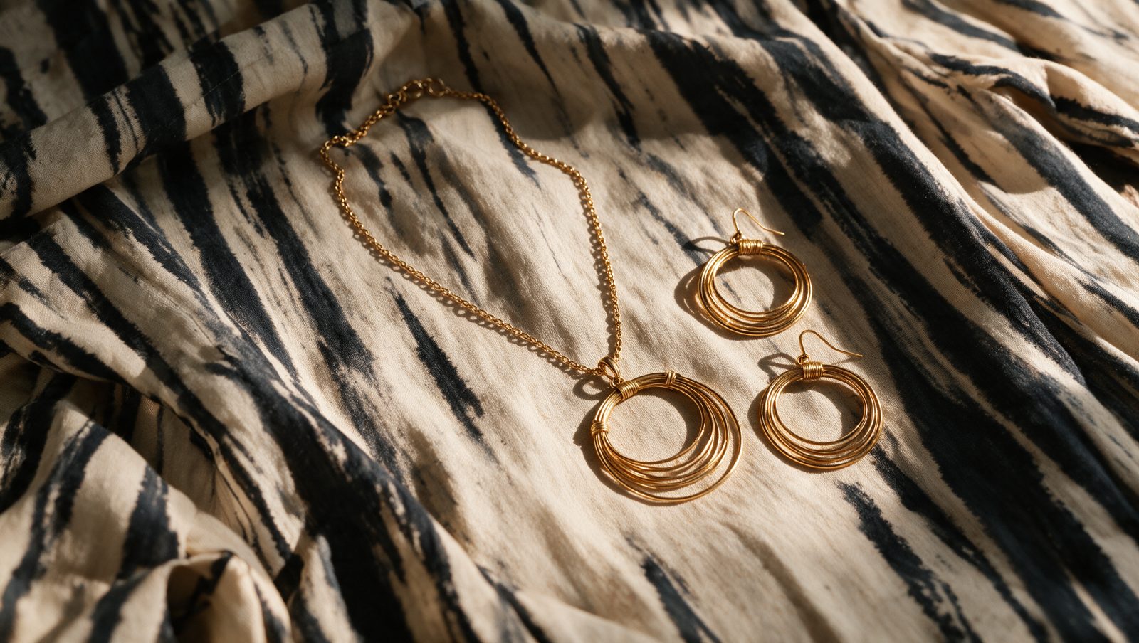 Gold hoop necklace and earrings on printed fabric