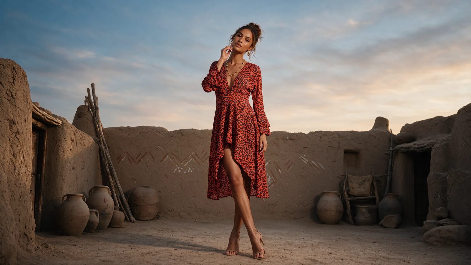 Model in a red leopard-print dress in a desert village at sunset