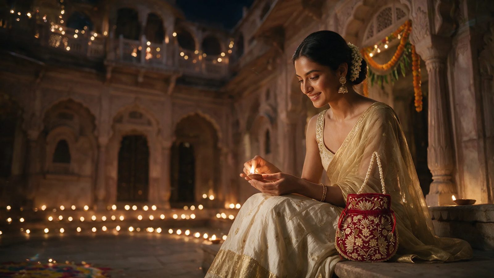 Woman lighting a diya on Diwali with a red embroidered potli