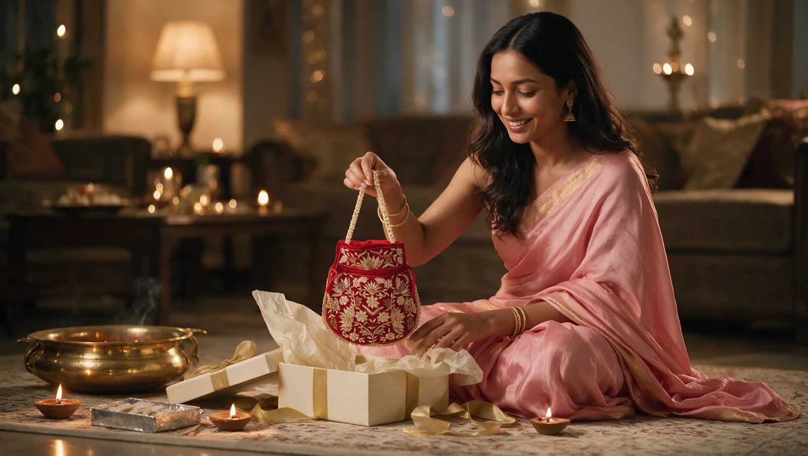 After: woman in a pink saree unboxing the potli at Diwali