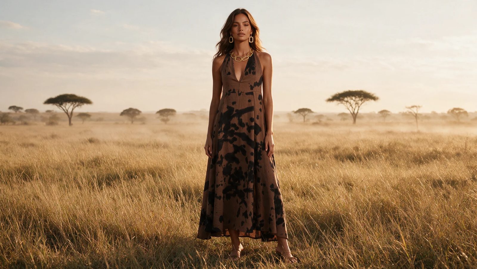 Model in a brown tie-dye halter dress in golden savanna grass